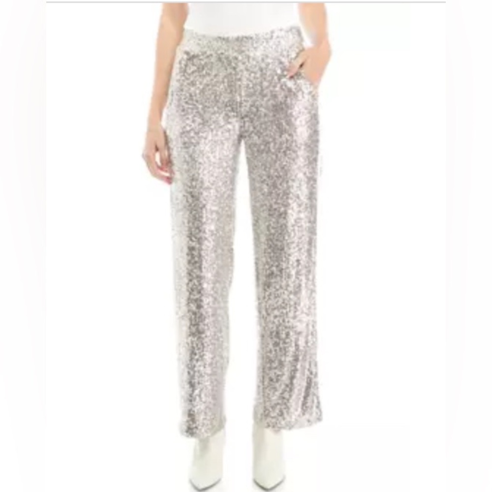 Cable & Gauge Silver Sequin Wide Leg Pull-on Pants size Large